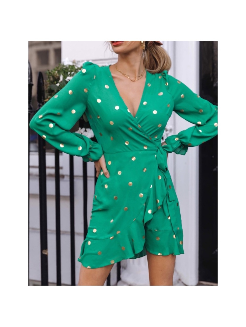 Green Polka Dot Wrap Dress with Gold Accents size Med , nwt